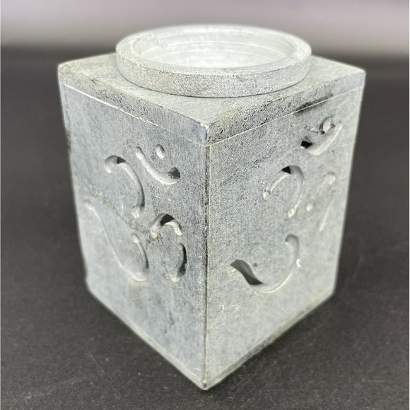 Essential Oil Burner Handcarved Soapstone Gray Om Symbol Made In India - Picture 2 of 14